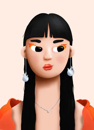 3D woman with black hair, orange makeup, and silver jewelry