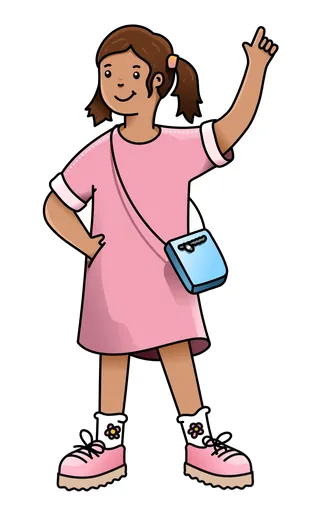 Girl in pink dress with blue purse waving and smiling