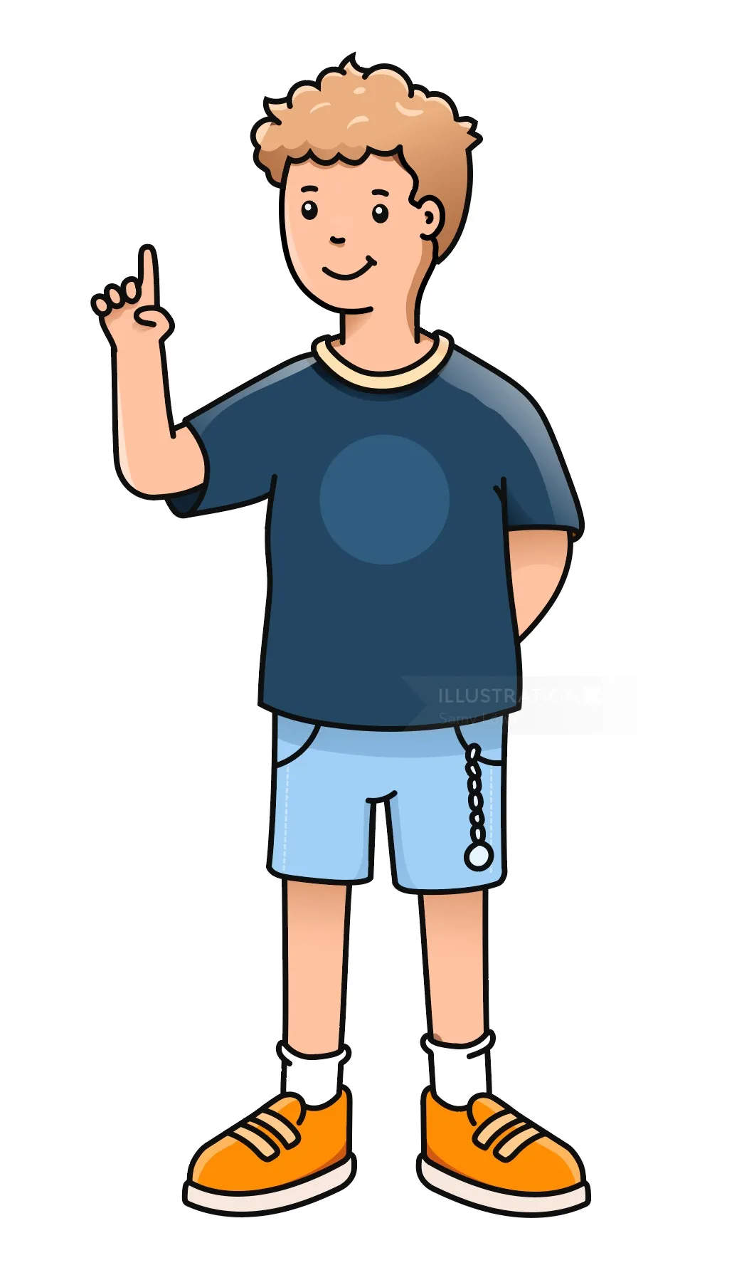Boy with curly hair pointing upward wearing shorts and sneakers