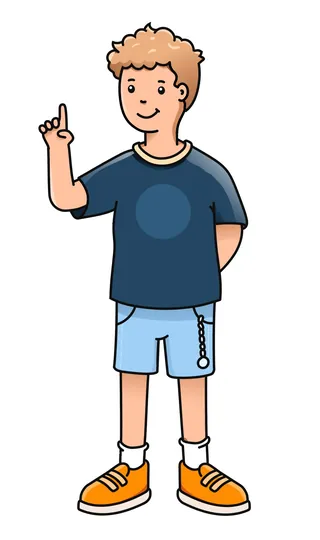 Boy with curly hair pointing upward wearing shorts and sneakers