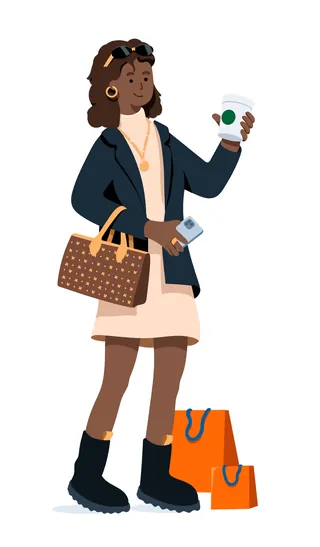 Woman holding coffee cup and smartphone with shopping bags