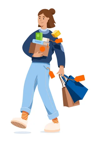 Woman holding shopping bags and boxes walking happily