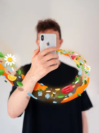 Person holding phone with digital food and drink illustrations swirling around