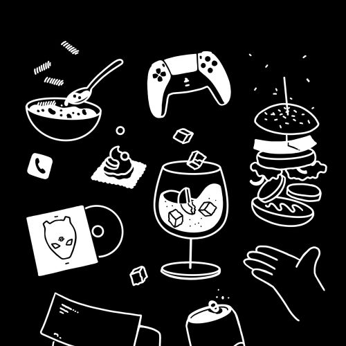 Doodles including game controller, burger, bowl, drink, and music CD