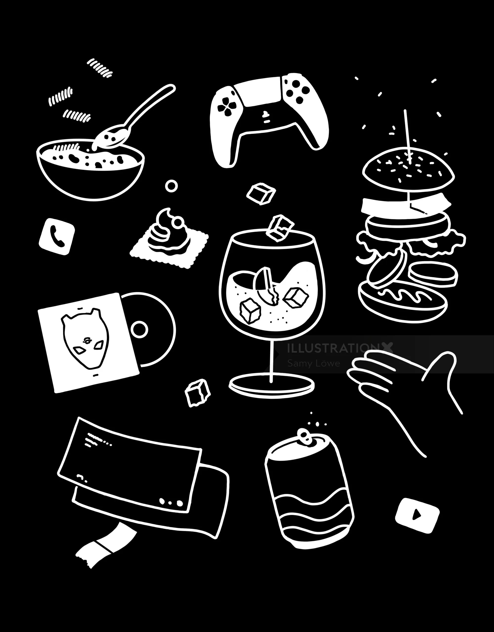 Doodles including game controller, burger, bowl, drink, and music CD