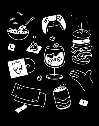 Doodles including game controller, burger, bowl, drink, and music CD
