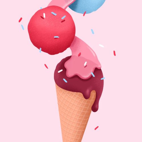 Ice cream cone with red, blue, and pink scoops and chocolate topping