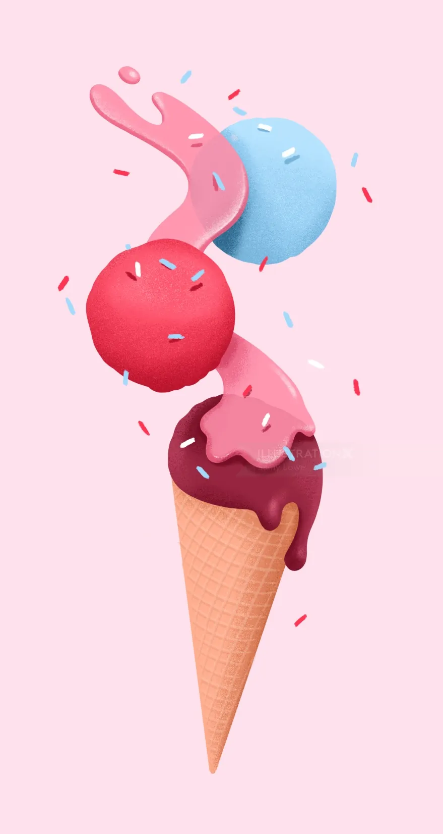 Ice cream cone with red, blue, and pink scoops and chocolate topping