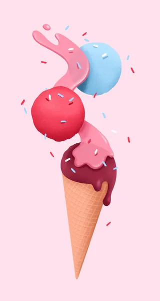 Ice cream cone with red, blue, and pink scoops and chocolate topping