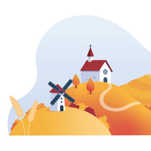 Countryside hills with windmill and houses in autumn colors