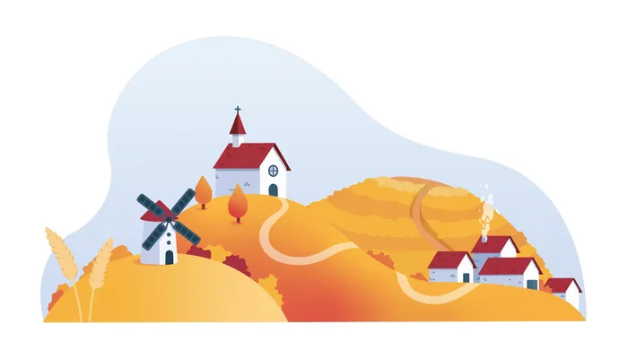 Countryside hills with windmill and houses in autumn colors