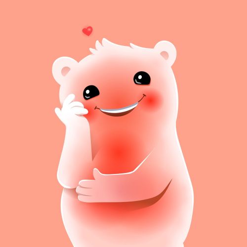 Blushing bear character smiling with a heart above its head.