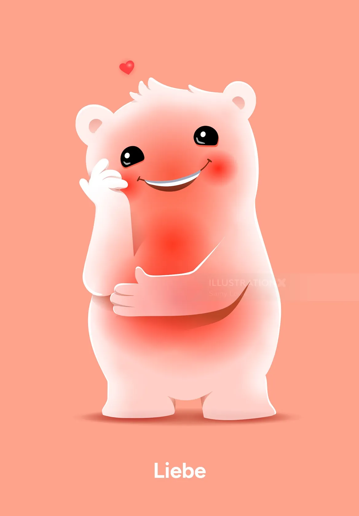 Blushing bear character smiling with a heart above its head.
