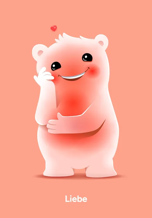 Blushing bear character smiling with a heart above its head.