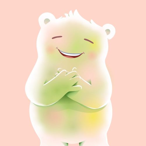Happy bear hugging itself with word Dankbarkeit on pink background