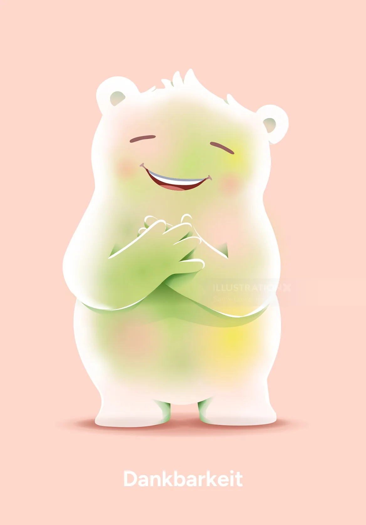 Happy bear hugging itself with word Dankbarkeit on pink background