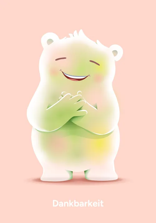 Happy bear hugging itself with word Dankbarkeit on pink background