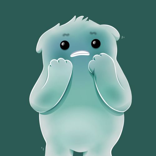 Blue cartoon monster looking anxious with hands near mouth