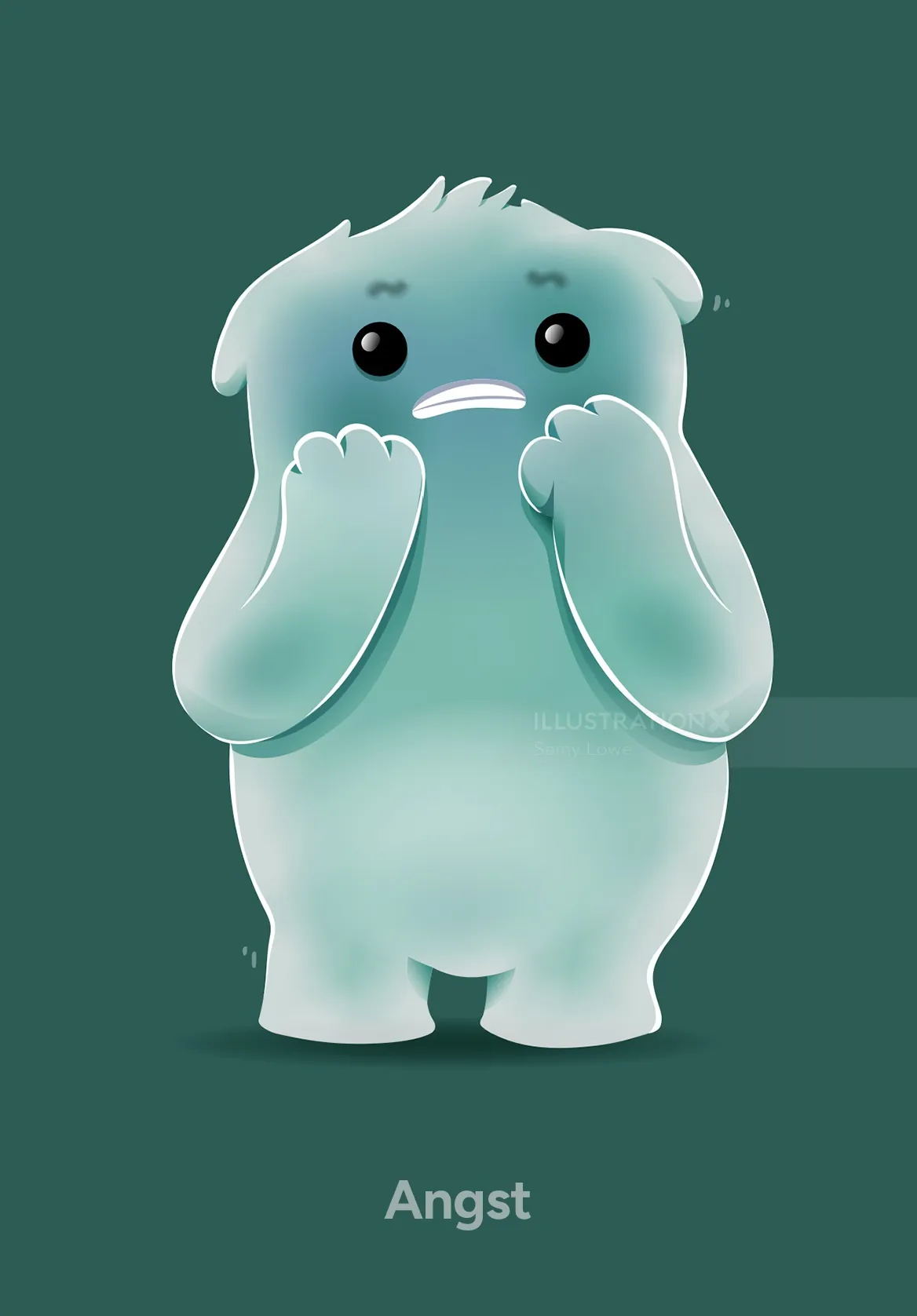 Blue cartoon monster looking anxious with hands near mouth
