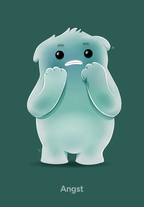 Blue cartoon monster looking anxious with hands near mouth