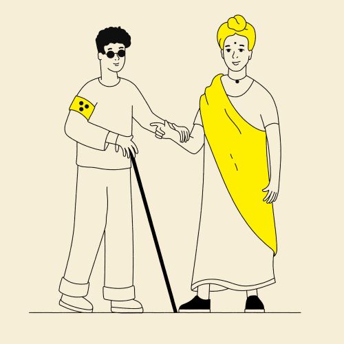 Visually impaired person with cane guided by a person in traditional clothing