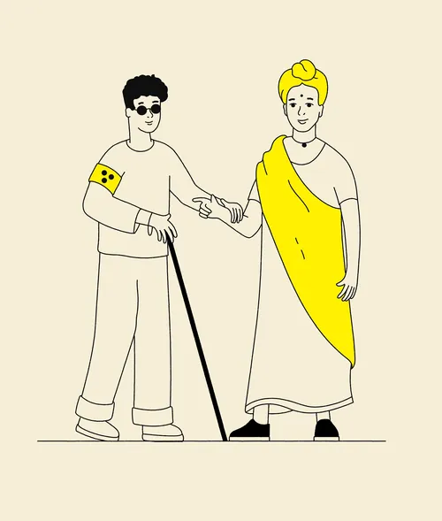 Visually impaired person with cane guided by a person in traditional clothing