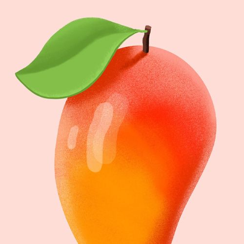 Illustration of a ripe mango with a green leaf on a light pink background