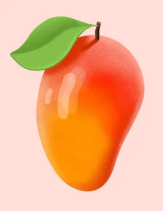 Illustration of a ripe mango with a green leaf on a light pink background