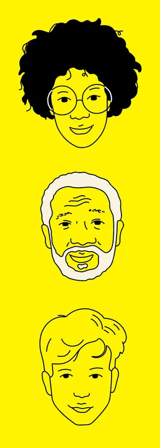 Three illustrated faces with varied hair and facial features on yellow background