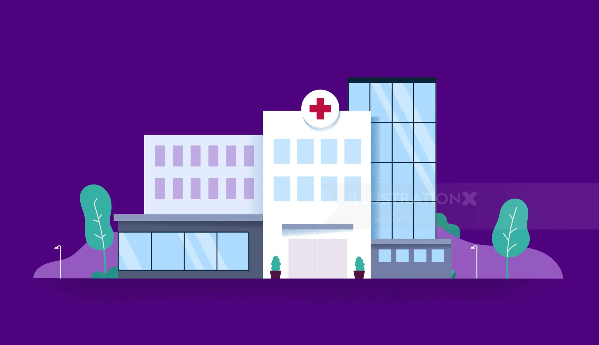 Illustration of a modern hospital with medical cross and trees