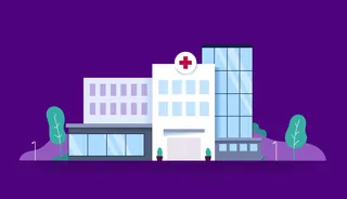 Illustration of a modern hospital with medical cross and trees