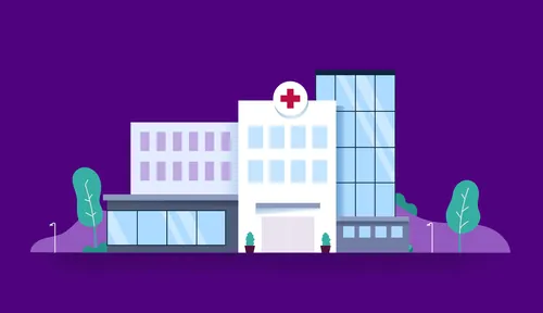 Illustration of a modern hospital with medical cross and trees