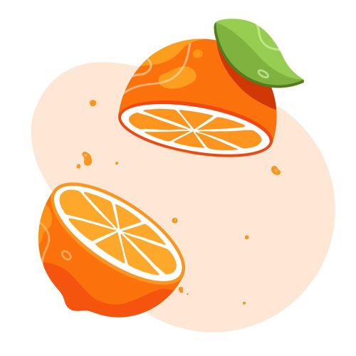 Two orange halves with green leaf on a light background