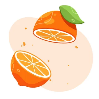 Two orange halves with green leaf on a light background