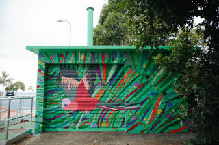 Ilustração do mural de papagaio voador de Sarah Beetson