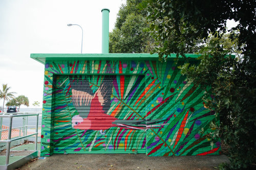 Illustration of flying parrot mural by Sarah Beetson