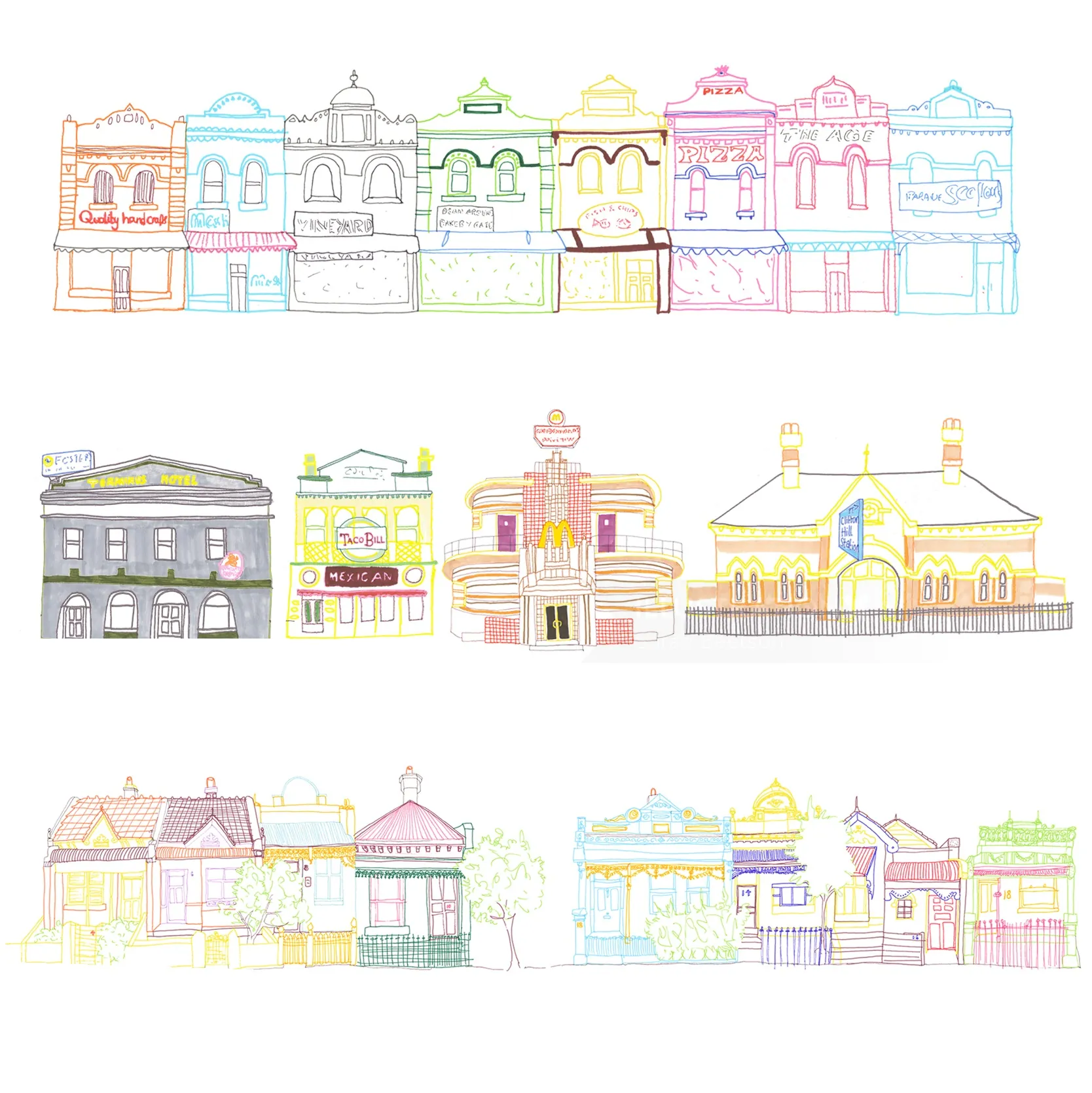 Colorful line drawings of historic cottages in Melbourne by Sarah Beetson
