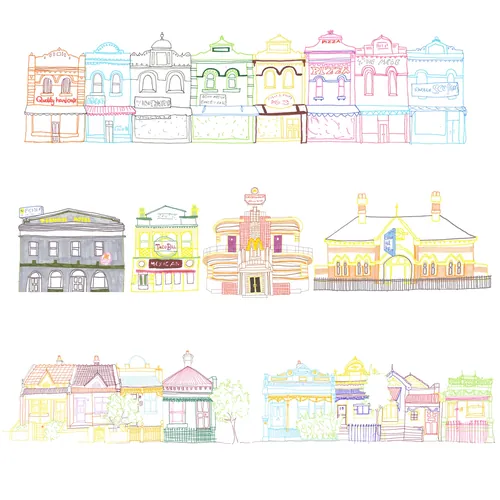 Colorful line drawings of historic cottages in Melbourne by Sarah Beetson