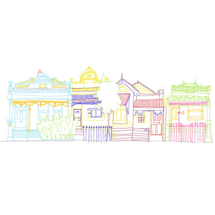 Line illustration of colourful stores 