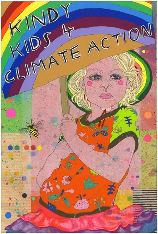 Child holding rainbow sign reading Kindy Kids 4 Climate Action by Sarah Beetson