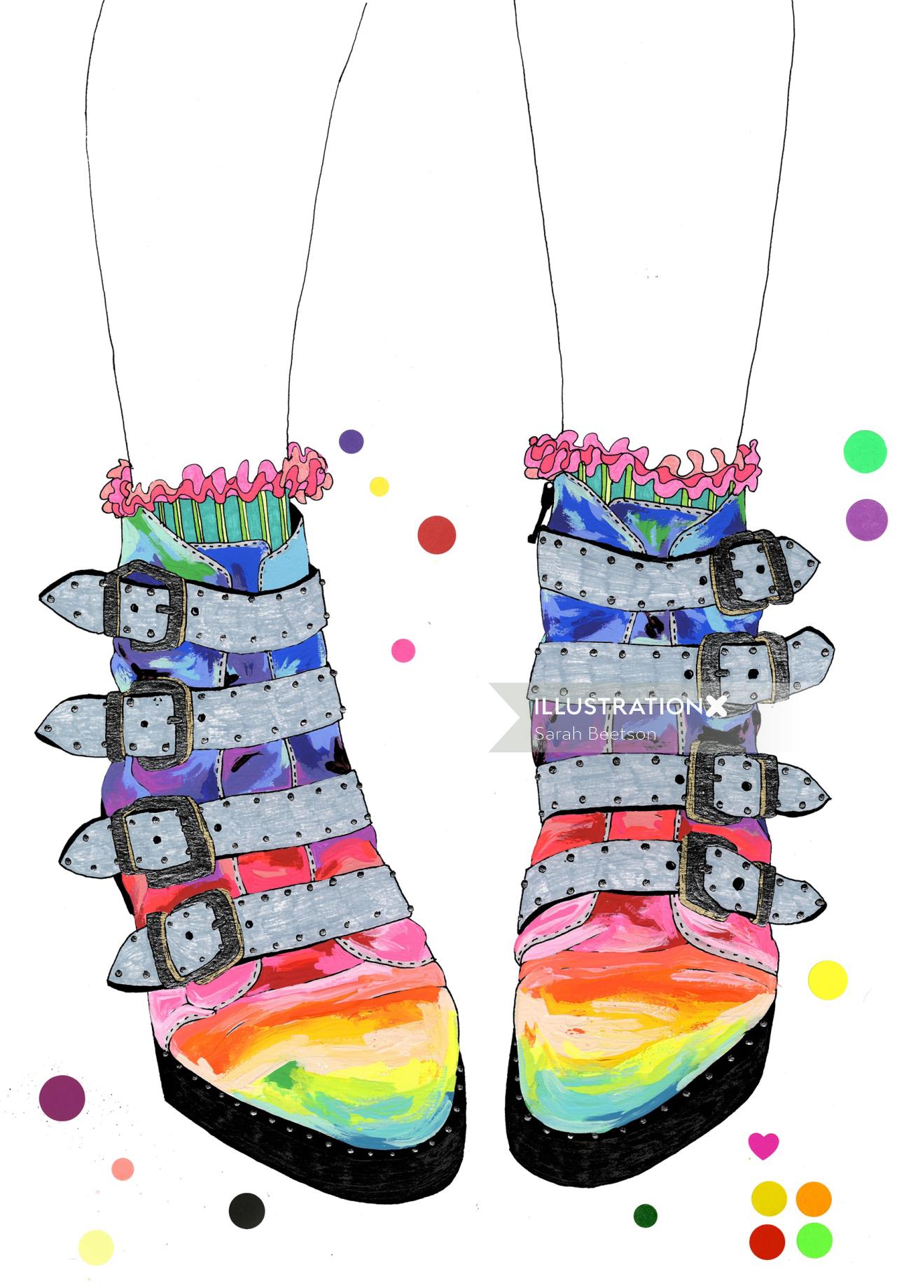 Ilustración de moda de botas de color Rainbow