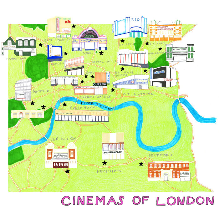 ¡Cines de Londres! ilustración del mapa por Sarah Beetson