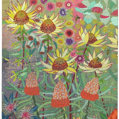 Vibrant artwork of sunflowers and other colorful flowers in bloom