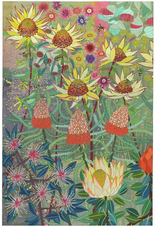 Vibrant artwork of sunflowers and other colorful flowers in bloom