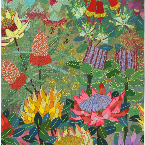 Illustration of vibrant flowers and dense green leaves in a garden