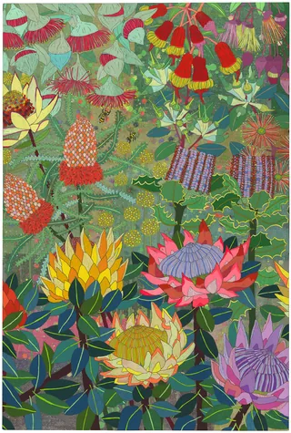 Illustration of vibrant flowers and dense green leaves in a garden