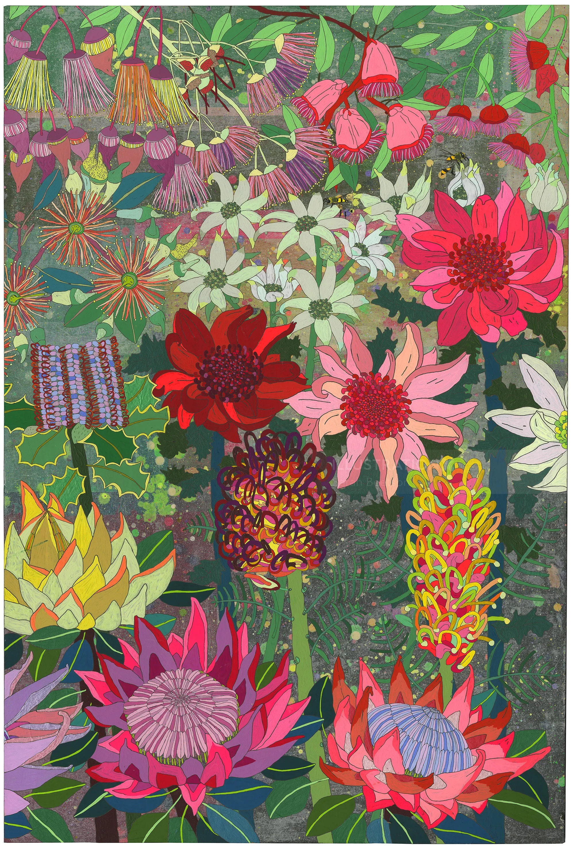 Brightly colored flowers including pink, red, and yellow blooms in detailed collage