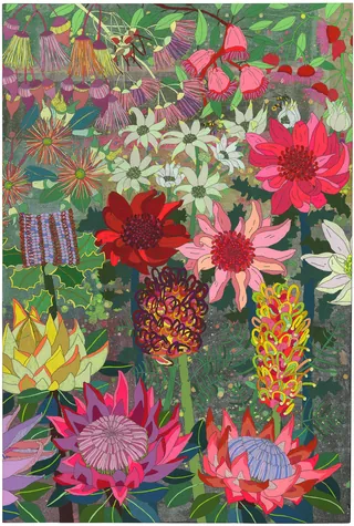 Brightly colored flowers including pink, red, and yellow blooms in detailed collage