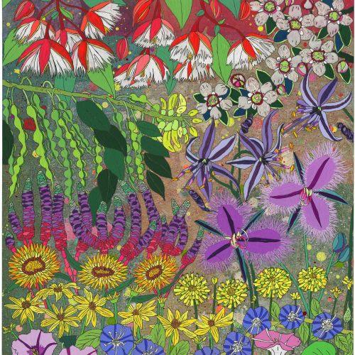 Vibrant artwork of various colorful flowers and green leaves in bloom.