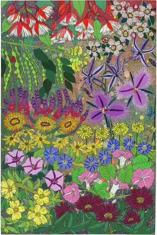 Vibrant artwork of various colorful flowers and green leaves in bloom.